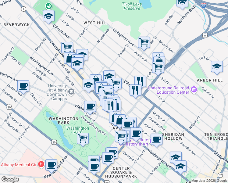 map of restaurants, bars, coffee shops, grocery stores, and more near 67 Lexington Avenue in Albany