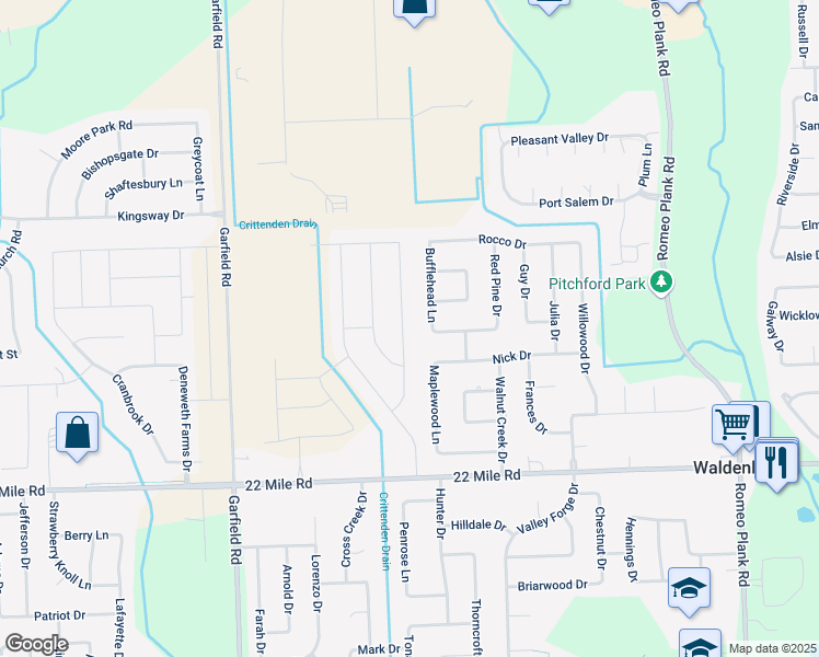 map of restaurants, bars, coffee shops, grocery stores, and more near 48582 Bingham Lane in Macomb