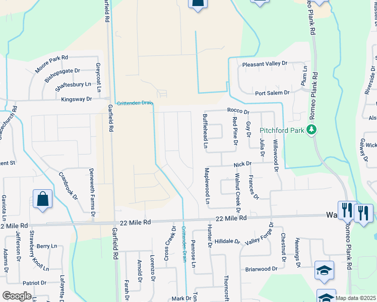 map of restaurants, bars, coffee shops, grocery stores, and more near 49597 Bingham Lane in Macomb