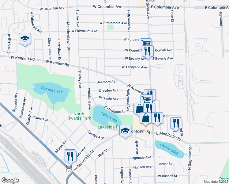 map of restaurants, bars, coffee shops, grocery stores, and more near 137 Dresden Avenue in Pontiac