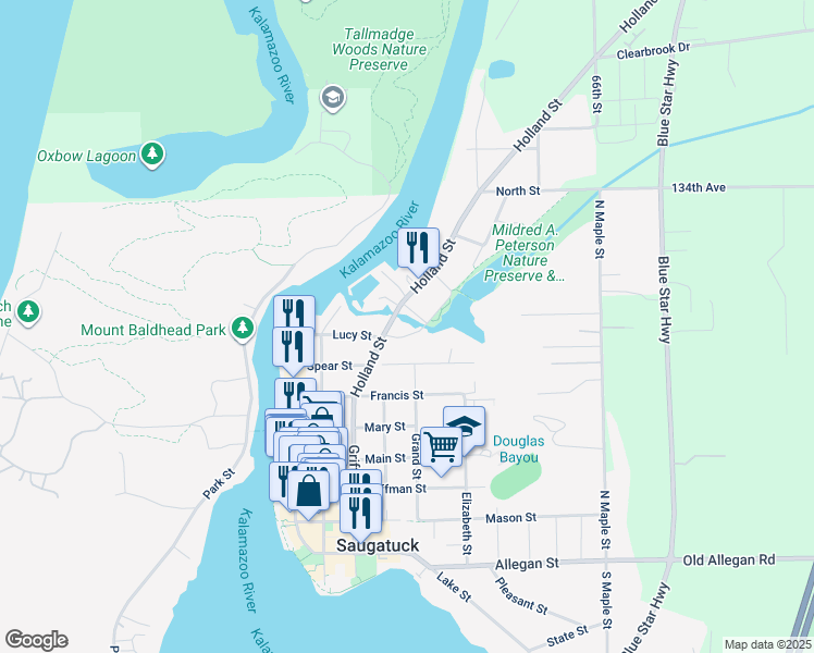 map of restaurants, bars, coffee shops, grocery stores, and more near 790 Simonson Drive in Saugatuck