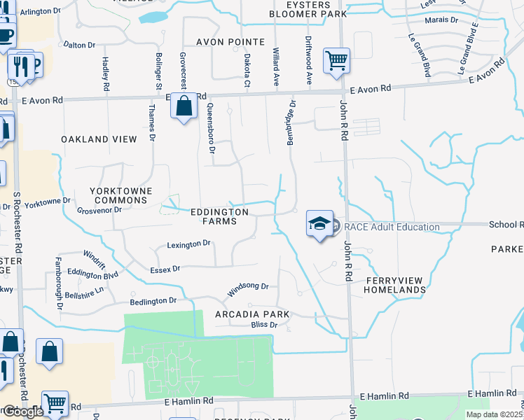 map of restaurants, bars, coffee shops, grocery stores, and more near 1396 Bembridge Drive in Rochester Hills