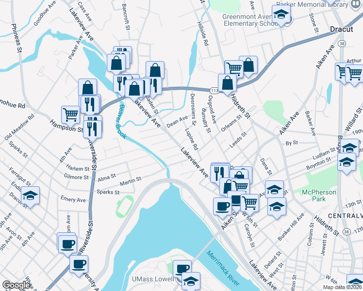map of restaurants, bars, coffee shops, grocery stores, and more near 957 Lakeview Avenue in Lowell