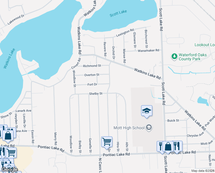 map of restaurants, bars, coffee shops, grocery stores, and more near 3437 Fort Drive in Waterford Township