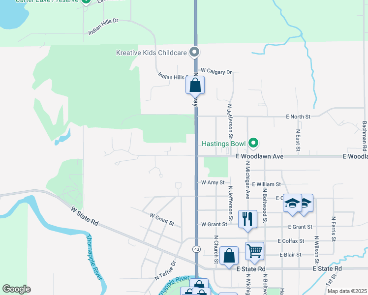map of restaurants, bars, coffee shops, grocery stores, and more near 340 West Woodlawn Avenue in Hastings
