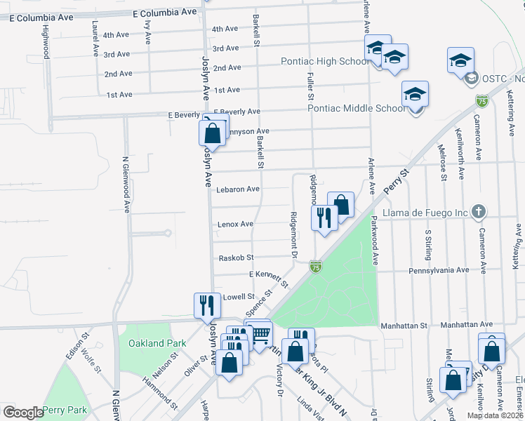 map of restaurants, bars, coffee shops, grocery stores, and more near 620 Wesbrook Street in Pontiac