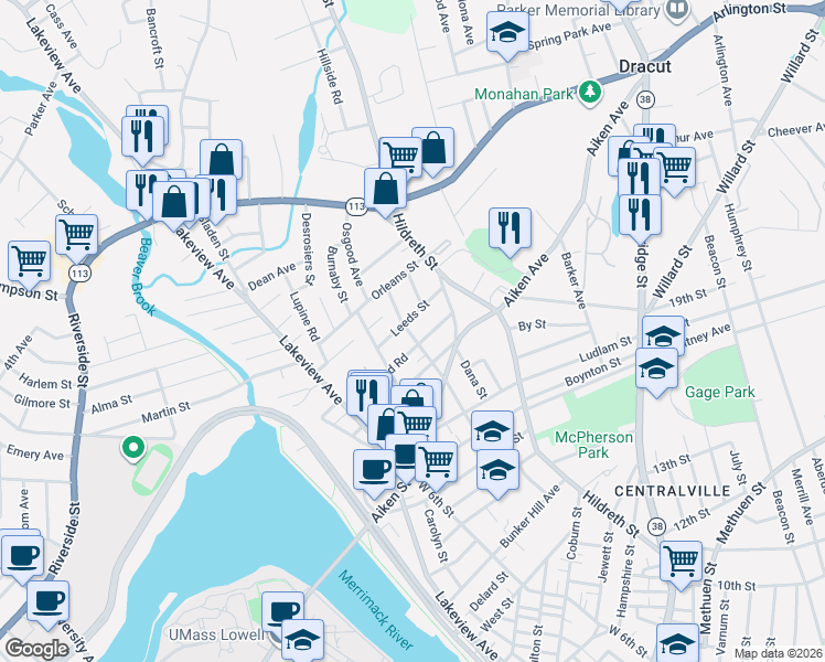 map of restaurants, bars, coffee shops, grocery stores, and more near 294 Cumberland Road in Lowell