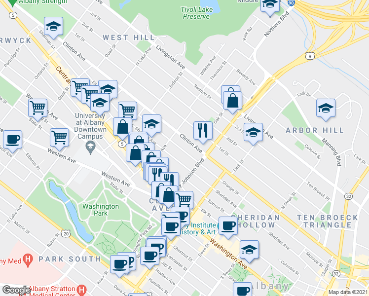 map of restaurants, bars, coffee shops, grocery stores, and more near 395 Orange Street in Albany