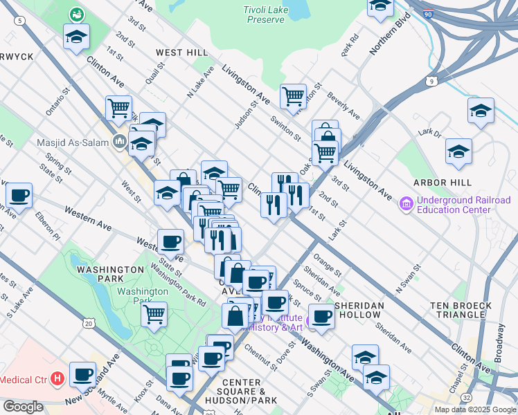 map of restaurants, bars, coffee shops, grocery stores, and more near 395 Orange Street in Albany