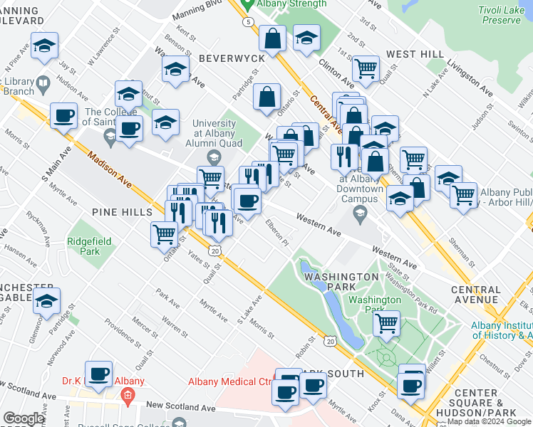 map of restaurants, bars, coffee shops, grocery stores, and more near in Albany