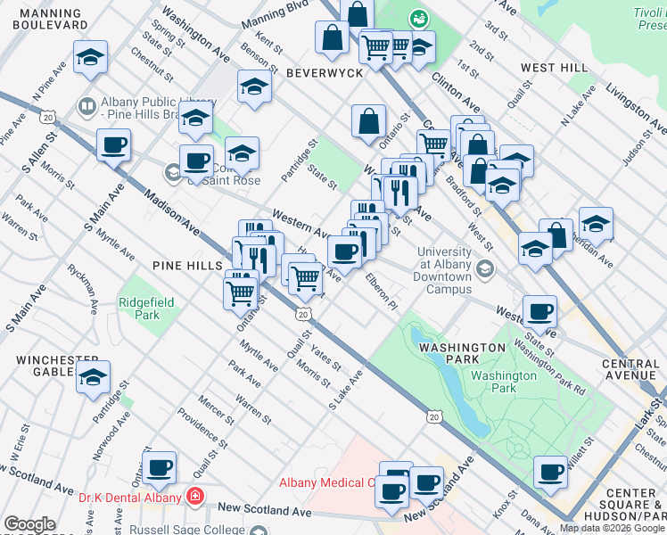 map of restaurants, bars, coffee shops, grocery stores, and more near 465 Hudson Avenue in Albany