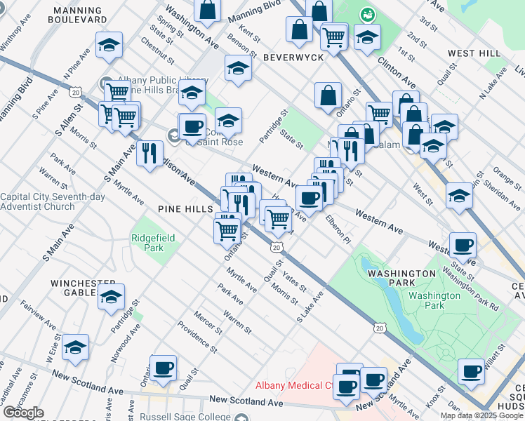 map of restaurants, bars, coffee shops, grocery stores, and more near 506 Hamilton Street in Albany