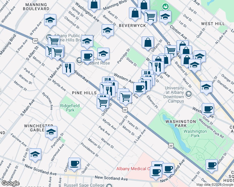 map of restaurants, bars, coffee shops, grocery stores, and more near 506 Hamilton Street in Albany