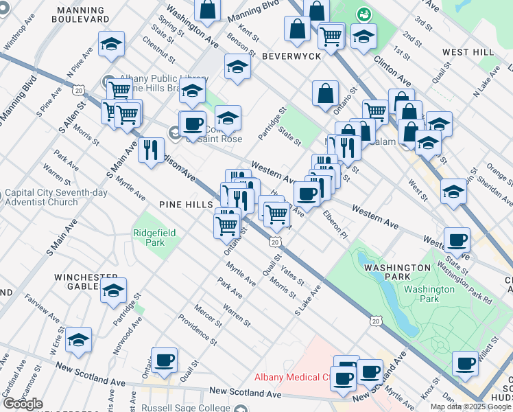 map of restaurants, bars, coffee shops, grocery stores, and more near 506 Hamilton Street in Albany