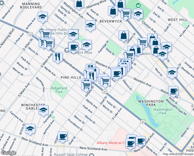 map of restaurants, bars, coffee shops, grocery stores, and more near 506 Hamilton Street in Albany