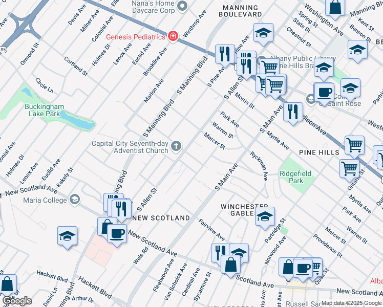 map of restaurants, bars, coffee shops, grocery stores, and more near 165 South Allen Street in Albany