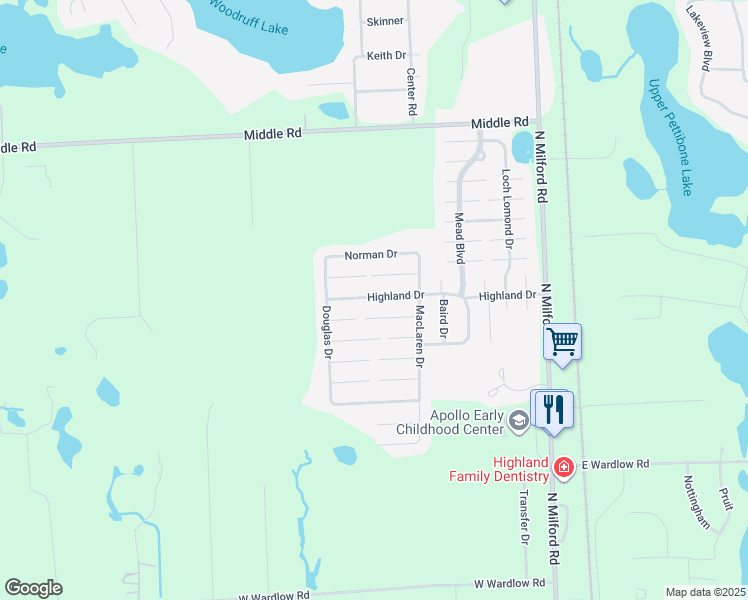 map of restaurants, bars, coffee shops, grocery stores, and more near 298 Highland Drive in Highland Charter Township