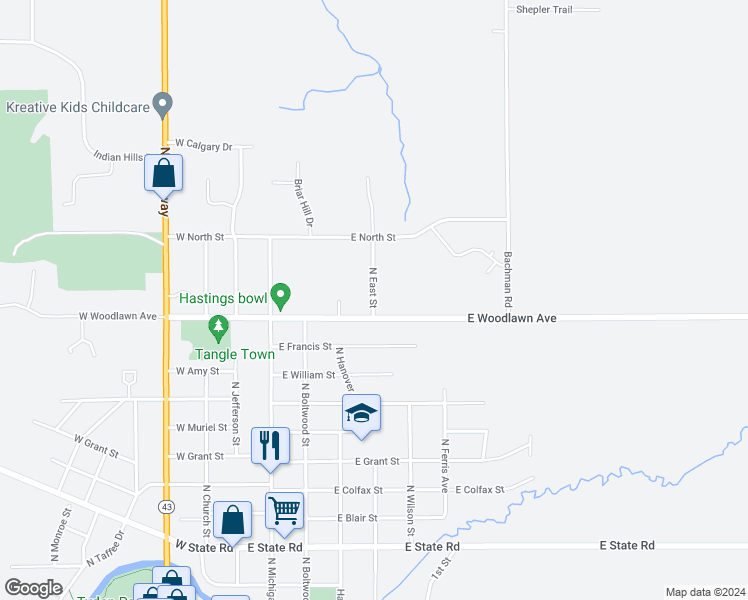 map of restaurants, bars, coffee shops, grocery stores, and more near 1500 North East Street in Hastings