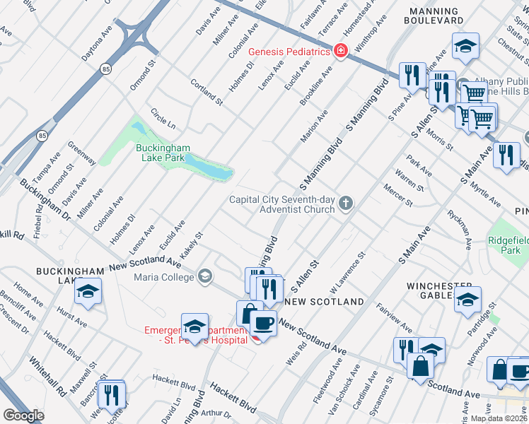 map of restaurants, bars, coffee shops, grocery stores, and more near 219 Marion Avenue in Albany