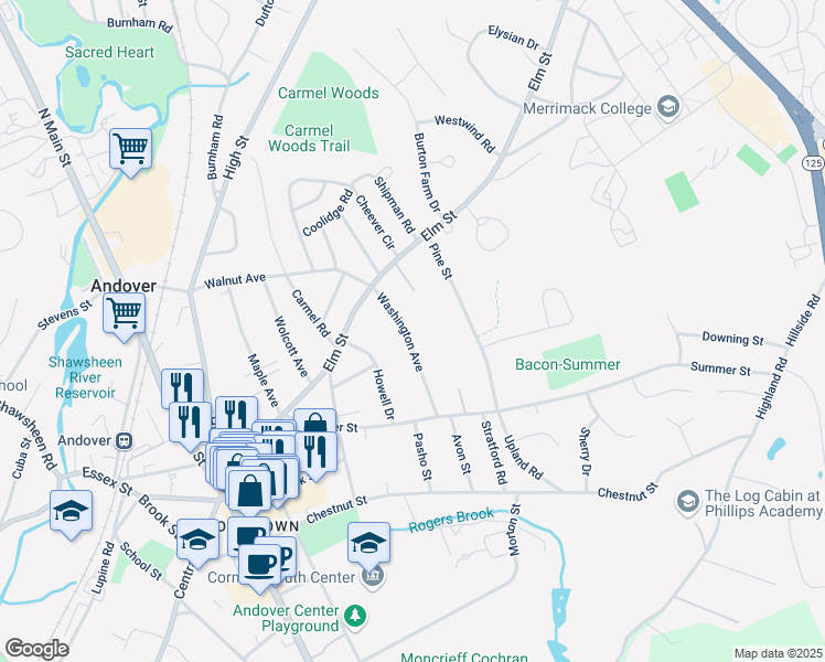 map of restaurants, bars, coffee shops, grocery stores, and more near 20 Washington Avenue in Andover