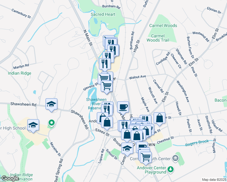 map of restaurants, bars, coffee shops, grocery stores, and more near 153 N Main St in Andover