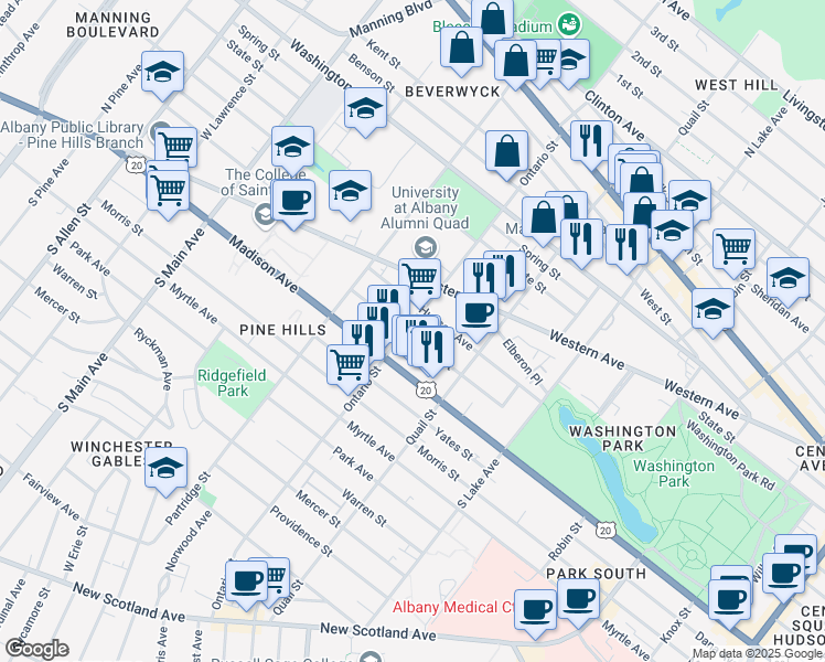 map of restaurants, bars, coffee shops, grocery stores, and more near 266 Ontario Street in Albany