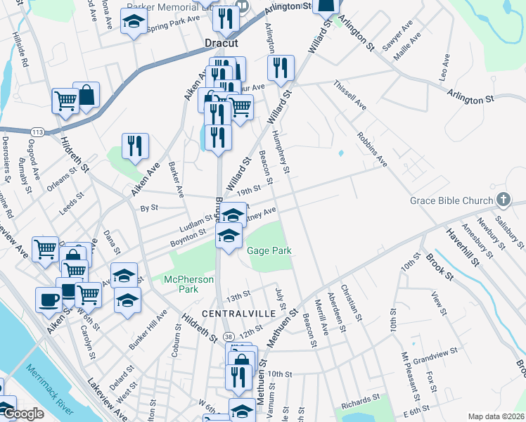 map of restaurants, bars, coffee shops, grocery stores, and more near 78 Whitney Avenue in Lowell