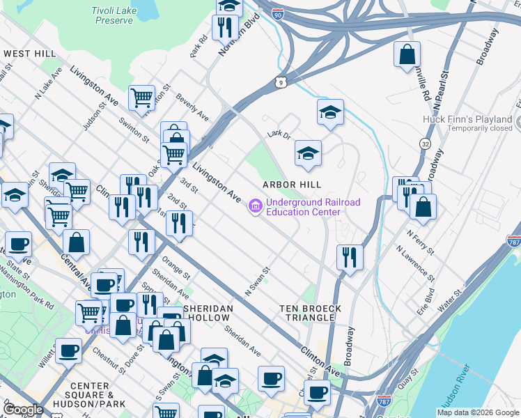 map of restaurants, bars, coffee shops, grocery stores, and more near 199 Livingston Avenue in Albany