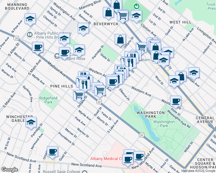 map of restaurants, bars, coffee shops, grocery stores, and more near 465 Hudson Avenue in Albany