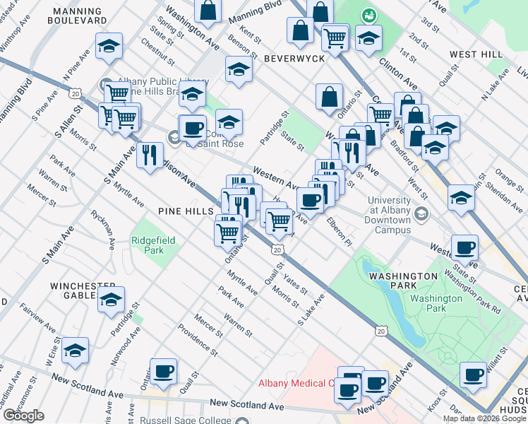 map of restaurants, bars, coffee shops, grocery stores, and more near Ontario St & Hamilton St in Albany