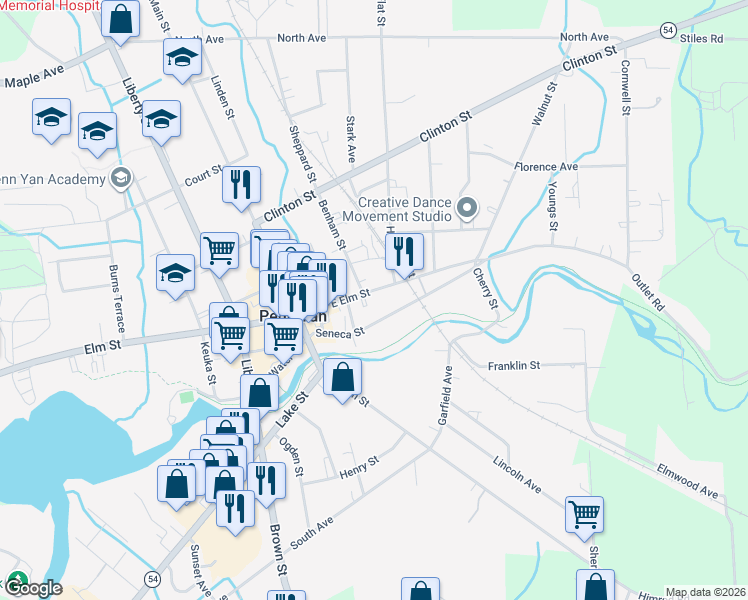 map of restaurants, bars, coffee shops, grocery stores, and more near 203 East Elm Street in Penn Yan