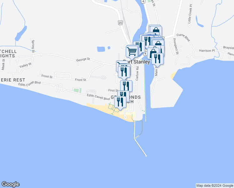 map of restaurants, bars, coffee shops, grocery stores, and more near 148 2nd Street in Port Stanley