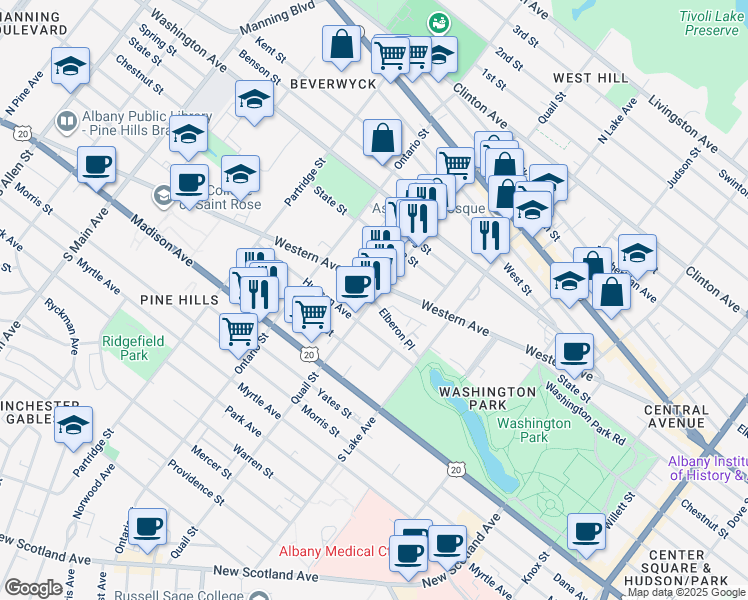map of restaurants, bars, coffee shops, grocery stores, and more near Quail Street & Elberon Place in Albany