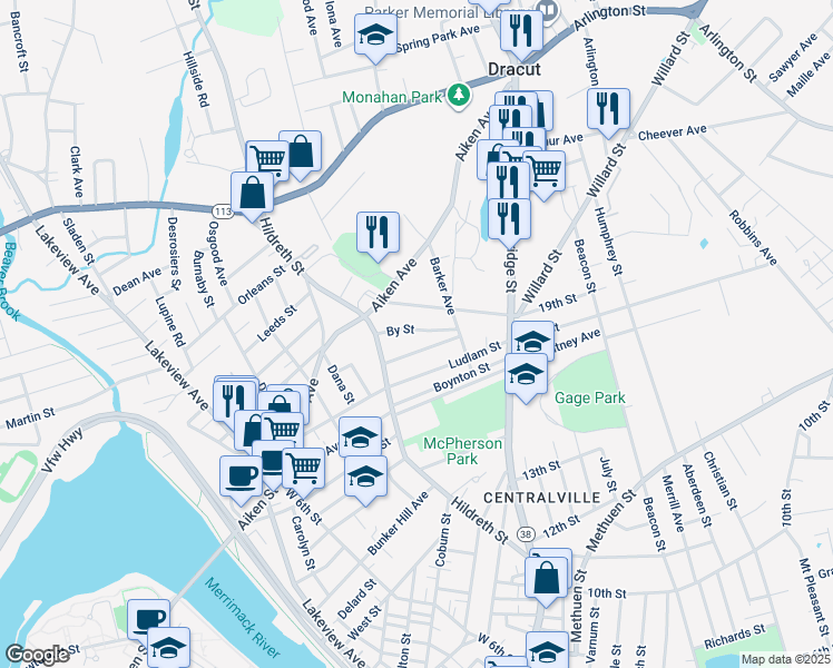 map of restaurants, bars, coffee shops, grocery stores, and more near 41 By Street in Lowell