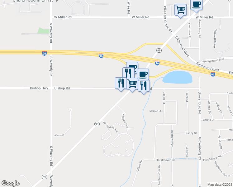 map of restaurants, bars, coffee shops, grocery stores, and more near 6273 Bishop Road in Lansing