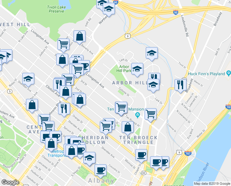 map of restaurants, bars, coffee shops, grocery stores, and more near 201 Livingston Avenue in Albany
