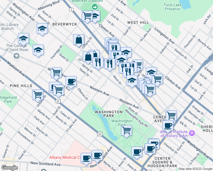 map of restaurants, bars, coffee shops, grocery stores, and more near 141 Western Avenue in Albany