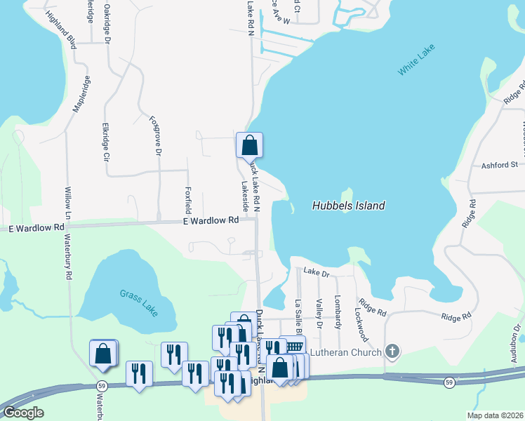 map of restaurants, bars, coffee shops, grocery stores, and more near 2324 Duck Lake Road North in Oakland County