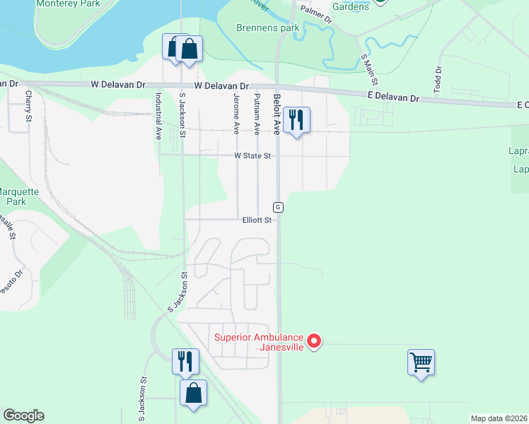 map of restaurants, bars, coffee shops, grocery stores, and more near 1333 Putnam Avenue in Janesville