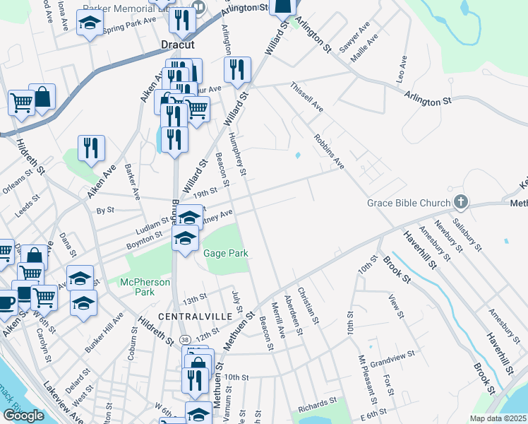 map of restaurants, bars, coffee shops, grocery stores, and more near 51 17th Street in Lowell