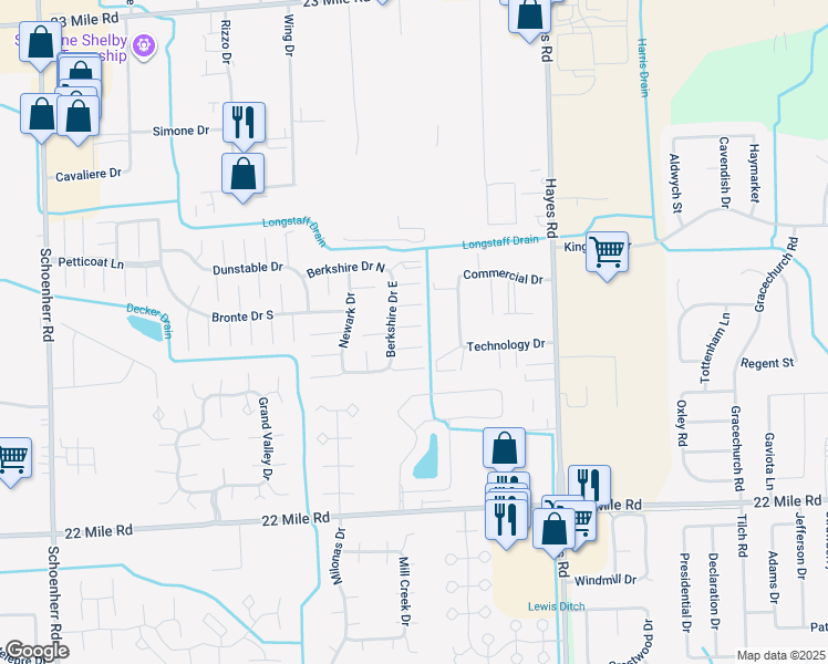 map of restaurants, bars, coffee shops, grocery stores, and more near 14748 Wickford Court in Macomb County