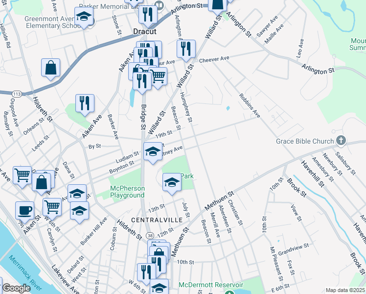 map of restaurants, bars, coffee shops, grocery stores, and more near 585 Beacon Street in Lowell