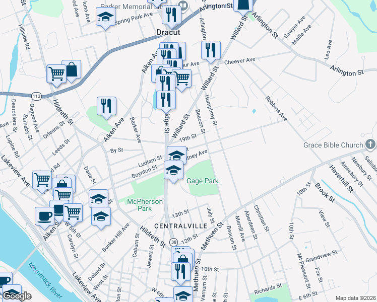 map of restaurants, bars, coffee shops, grocery stores, and more near 78 Whitney Avenue in Lowell