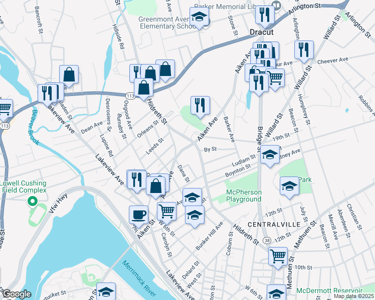 map of restaurants, bars, coffee shops, grocery stores, and more near 186 Aiken Avenue in Lowell