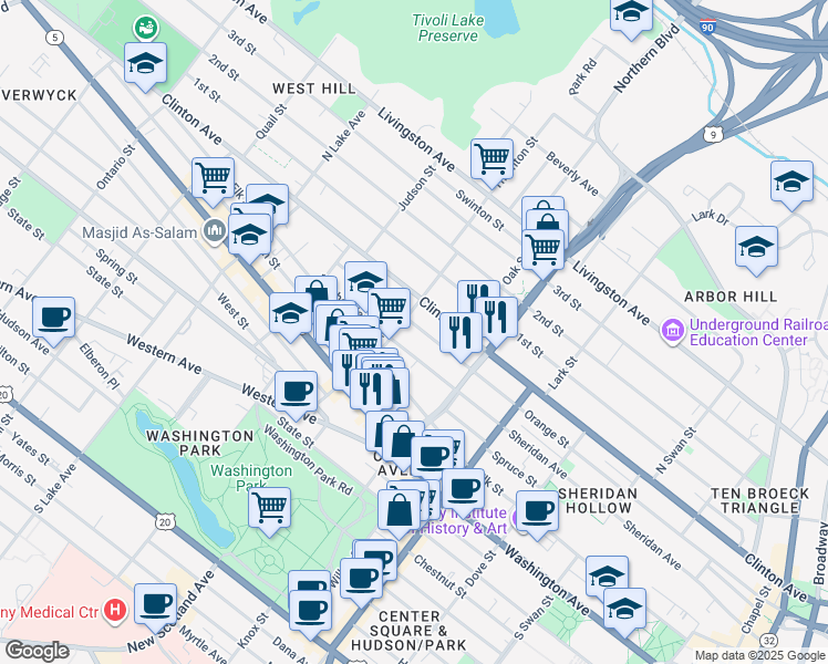 map of restaurants, bars, coffee shops, grocery stores, and more near 395 Orange Street in Albany