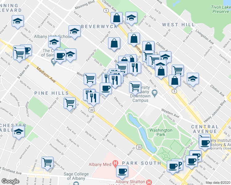 map of restaurants, bars, coffee shops, grocery stores, and more near 210 Quail Street in Albany