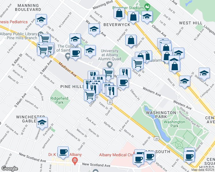 map of restaurants, bars, coffee shops, grocery stores, and more near 492 Hudson Avenue in Albany