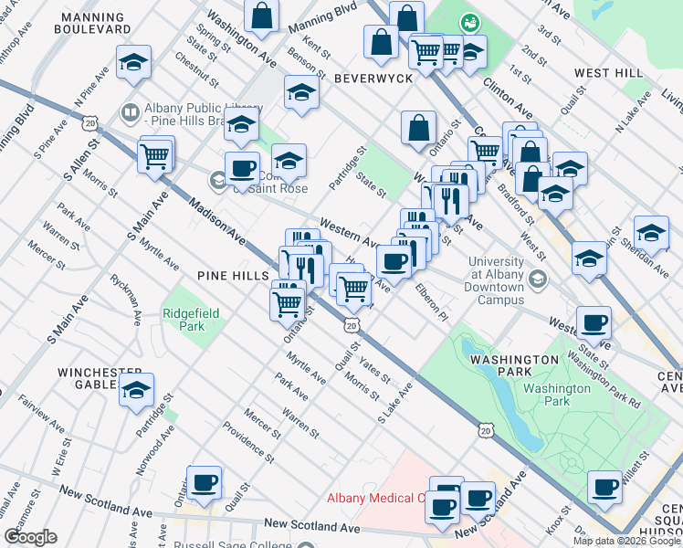map of restaurants, bars, coffee shops, grocery stores, and more near 492 Hudson Avenue in Albany