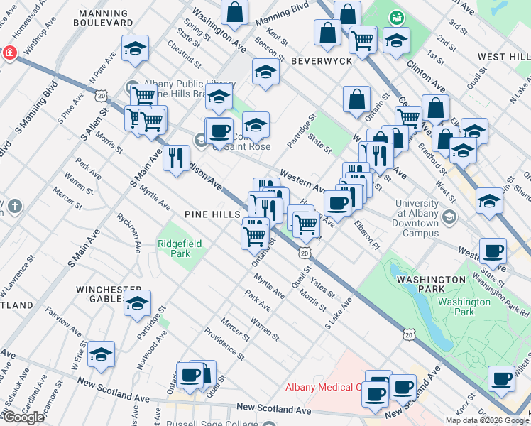 map of restaurants, bars, coffee shops, grocery stores, and more near 890 Madison Avenue in Albany