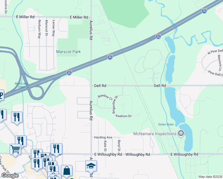 map of restaurants, bars, coffee shops, grocery stores, and more near 4428 Bowline Court in Lansing